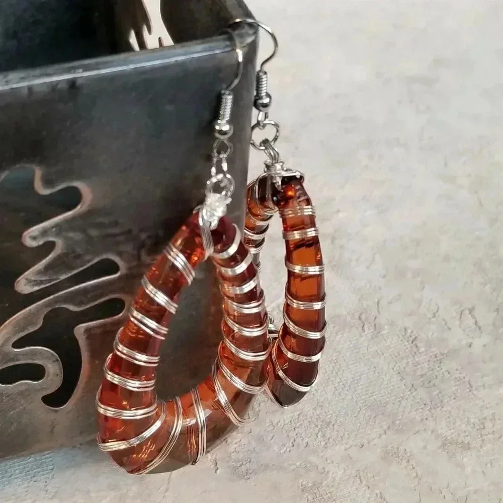 Handcrafted Retro 80s Statement Orange Lucite Open Teardrop Wire Wrap Earrings
